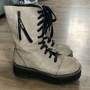 Demonia “Emily-362” Rhinestone/Sparkle Silver and Black Combat Boots